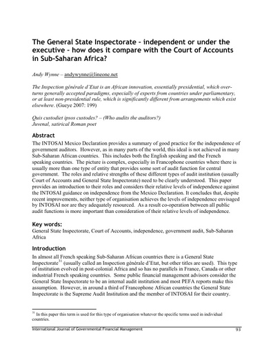 The General State Inspectorate – independent or under the executive – how does it compare with the Court of Accounts in Sub-Saharan Africa?